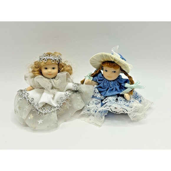 Miniature Porcelain Jointed Dolls w White Silver Star & Blue Dress 2.5" Lot of 2 - Picture 2 of 10